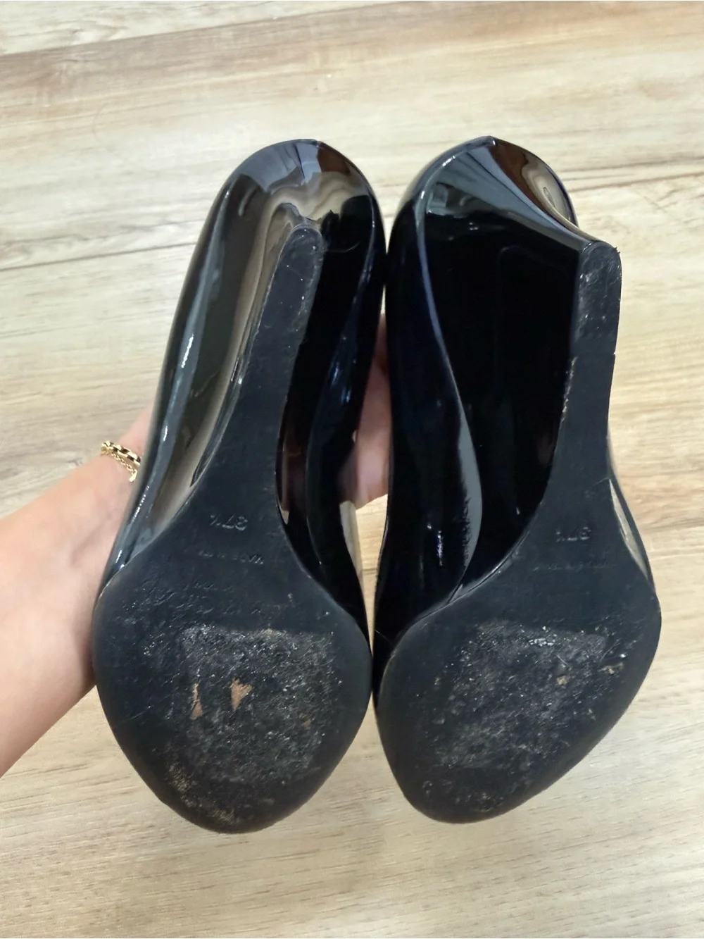 Jimmy Choo Black Patent Peep-Toe Wedges